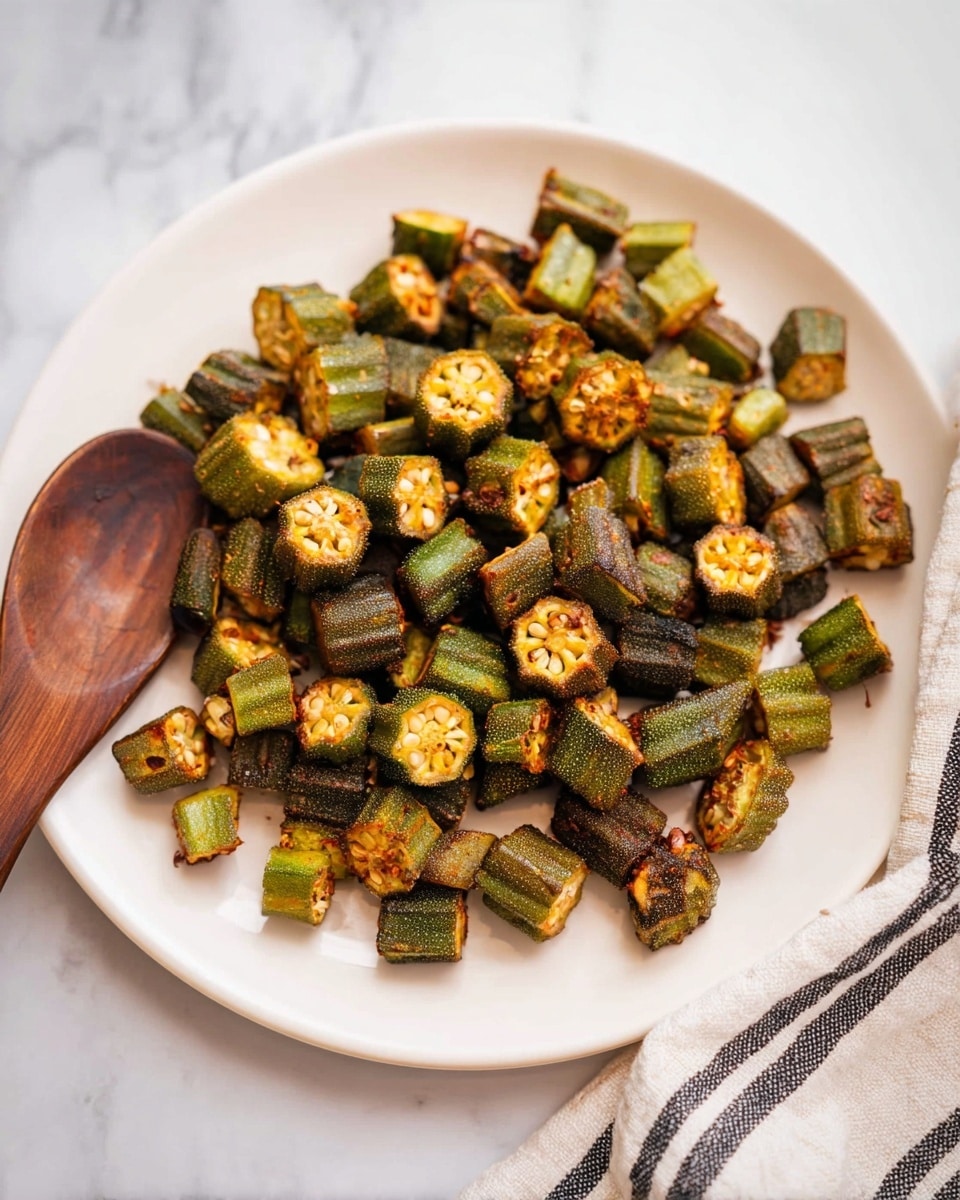 A white plate filled with small, cut pieces of roasted okra showing a mix of dark green and golden-brown colors, each piece with visible seeds inside, giving a slightly rough texture; a wooden spoon rests on the plate's edge, partially covered by the okra. The plate is placed on a white marbled surface along with a light cloth featuring black stripes at the plate’s bottom right corner. Photo taken with an iphone --ar 4:5 --v 7
