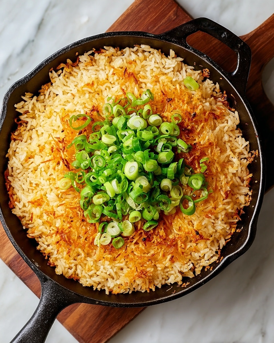 The image shows a black cast iron skillet filled with one layer of crispy golden brown rice, evenly cooked with a crunchy texture. The rice has light and darker golden toasted spots scattered on top, giving it a crunchy look. In the center of the rice, there is a mound of chopped green onions with a mix of bright green and light green slices. The skillet is placed on a white marbled surface with a wooden board underneath the handle, and the side of the skillet handle is visible. photo taken with an iphone --ar 4:5 --v 7