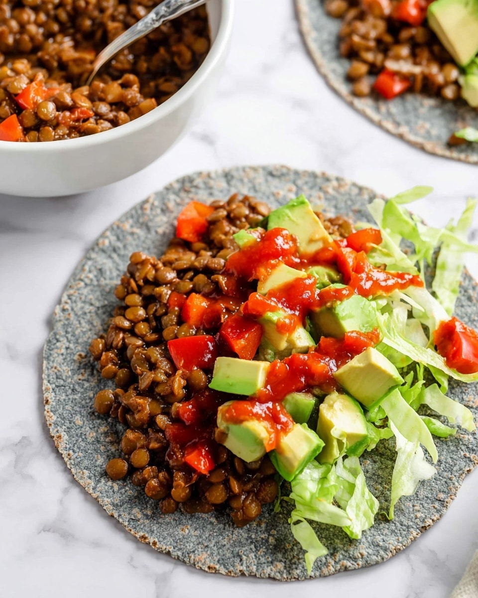 A close-up view of a blue corn tortilla taco resting on a white marbled surface, filled with three main layers: the bottom layer is a generous scoop of cooked lentils mixed with small pieces of red bell pepper, dark brown in color with a soft texture; the middle layer features chopped avocado cubes in bright green, adding a fresh and creamy look; the top layer is vibrant red tomato salsa with visible small chunks, drizzled over the avocado and lentils. In the background, there are stacked blue corn tortillas partially filled with the same lentil mixture, and a large bowl filled with cooked lentils is also visible. photo taken with an iphone --ar 4:5 --v 7