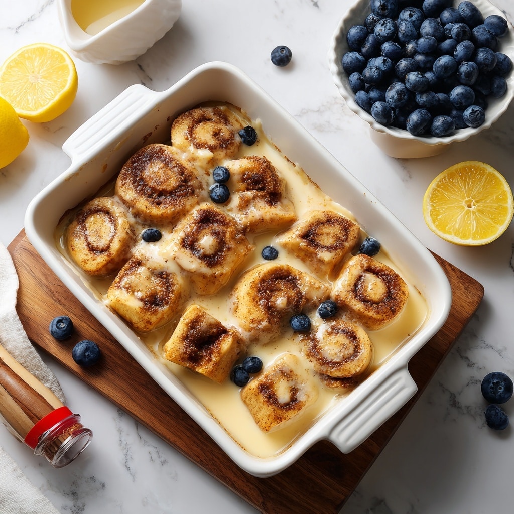 A white rectangular baking dish filled with multiple pieces of cinnamon roll dough, cut into small chunks, partially soaked in a creamy beige liquid that covers the bottom and part of the sides of each piece. The cinnamon rolls have a light golden brown color with dark brown cinnamon swirls visible on the surface. Around the dish, there are fresh blueberries scattered on a white marbled surface, a white bowl filled with blueberries on the right edge, a wooden board underneath the dish, two lemon halves on the left, and a small bottle with a red cap near the bottom left corner. The overall scene has a bright and fresh feel. photo taken with an iphone --ar 4:5 --v 7