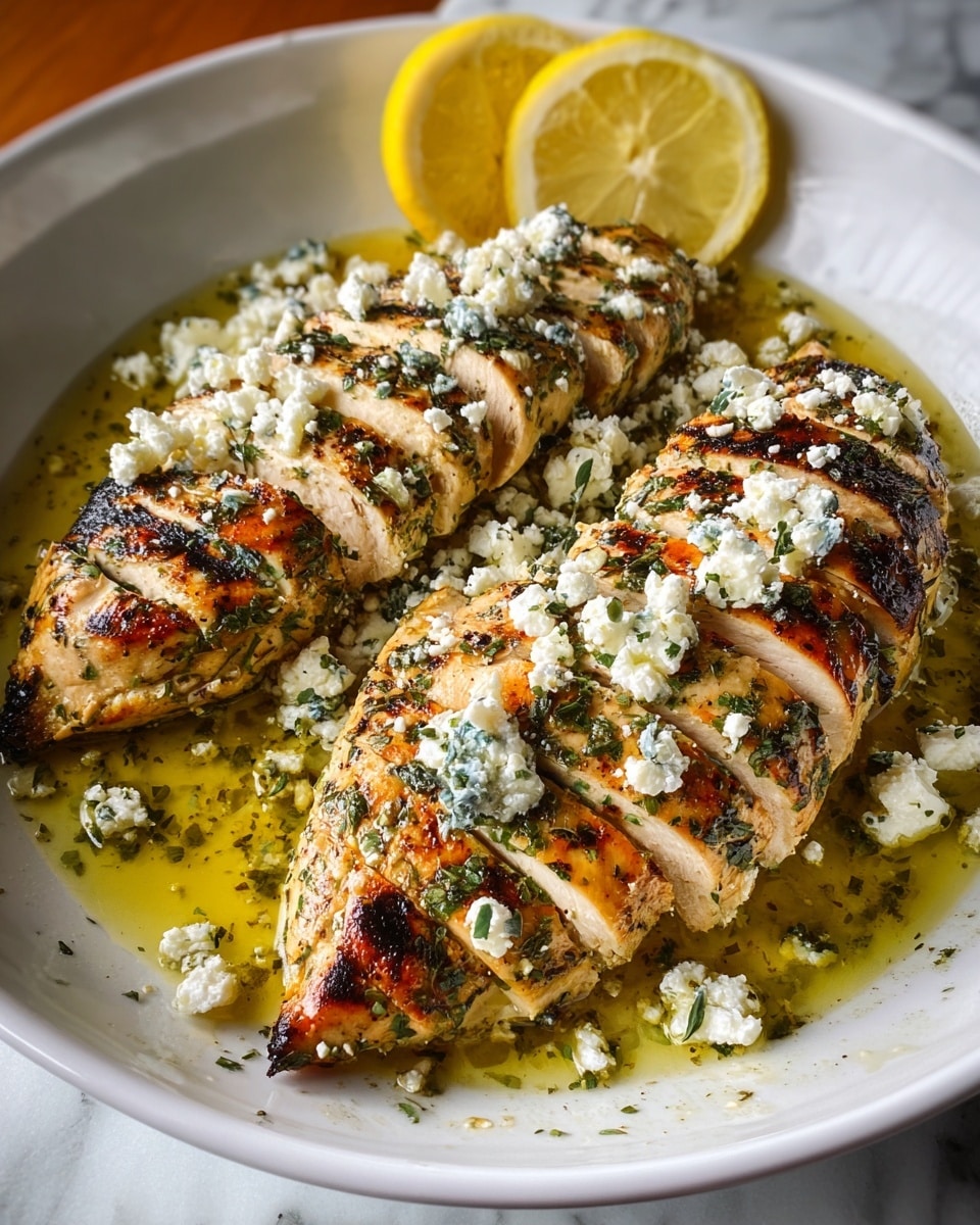 The image shows two grilled chicken breasts sliced and laid side by side on a white bowl, sitting in a golden-yellow sauce with herbs. The chicken is browned with a mix of green herbs sprinkled across, and white crumbles of cheese are scattered on top of the chicken and sauce. Two bright yellow lemon slices are placed at the back edge of the bowl. The whole scene is set against a background with a white marbled texture. Photo taken with an iphone --ar 4:5 --v 7