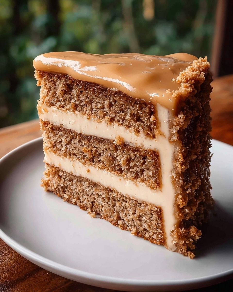 A slice of three-layer brown cake with smooth light tan frosting between each layer and covering the outside, topped with small dollops of the same frosting spaced around the top edge. The cake texture looks soft and moist with a slightly grainy crumb. The slice is placed on a white plate with a faint marbled pattern visible. The background is dark, making the cake stand out clearly. photo taken with an iphone --ar 4:5 --v 7