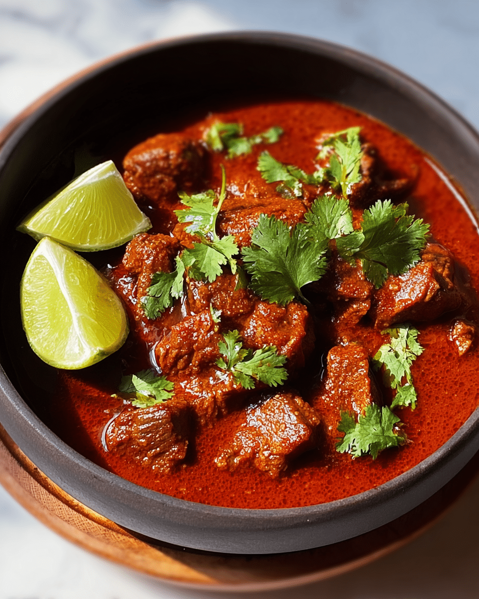 A close-up of a bowl filled with a thick, rich dark reddish-brown stew containing tender chunks of meat. The stew is topped with scattered fresh bright green cilantro leaves, adding a pop of color. On one side, two lime wedges with pale green and light yellow hues rest on the surface of the stew. The bowl is white with a black rim and sits on a wooden surface, all against a white marbled texture. The lighting highlights the glossy texture of the sauce and the softness of the meat pieces. photo taken with an iphone --ar 4:5 --v 7