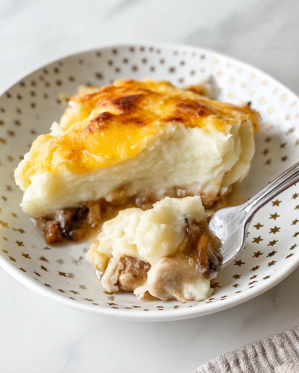 A rectangular metal baking dish holds a layered casserole with two visible layers: the bottom layer is dark brown and textured, likely cooked ground meat or vegetables, while the top layer is thick and white, looking creamy and smooth, like mashed potatoes. The mashed potato layer is evenly spread and topped with a generous amount of finely shredded orange-yellow cheese scattered lightly across the surface. The dish rests on a white marbled surface. photo taken with an iphone --ar 4:5 --v 7