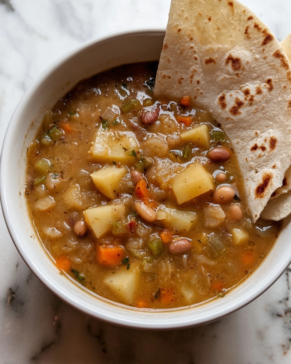 A close-up of a white bowl filled with a thick, chunky stew showing multiple layers of ingredients. The base layer is a brownish broth mixed with finely chopped green herbs and small bits of orange carrots. There are visible layers of light yellow potato chunks, red and light brown beans, and small pieces of celery or green vegetable scattered throughout. Resting on the edge of the bowl is a folded piece of flatbread with a slightly toasted white surface marked with light brown grilled spots. The bowl is placed on a white marbled surface. photo taken with an iphone --ar 4:5 --v 7