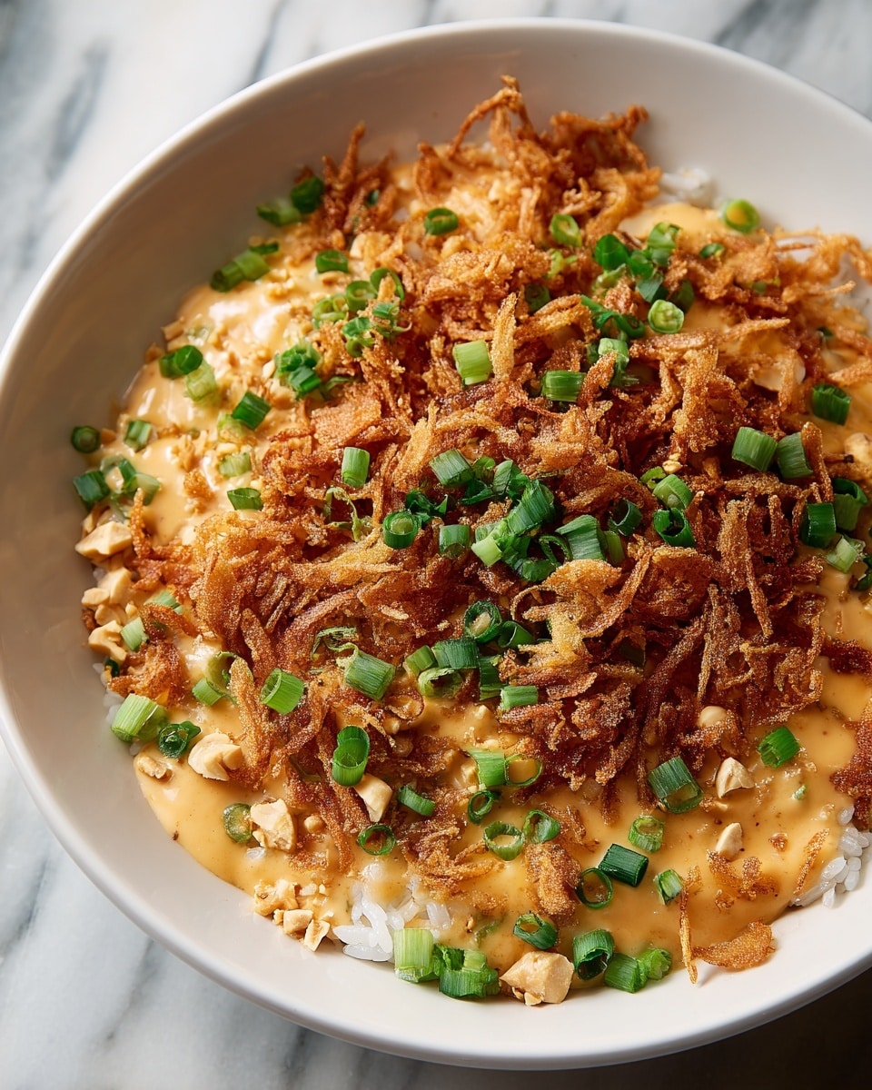 A white bowl is filled with a layered dish starting at the bottom with a base of white rice. On top of the rice is a layer of crispy golden-brown fried shredded ingredients that add texture. A light orange creamy sauce is drizzled generously over the fried layer, partially covering it. Scattered on top are chopped green onions, adding fresh green color, and coarsely chopped light brown peanuts, giving a crunchy look. The bowl is set on a white marbled surface, highlighting the vibrant colors of the dish. photo taken with an iphone --ar 4:5 --v 7