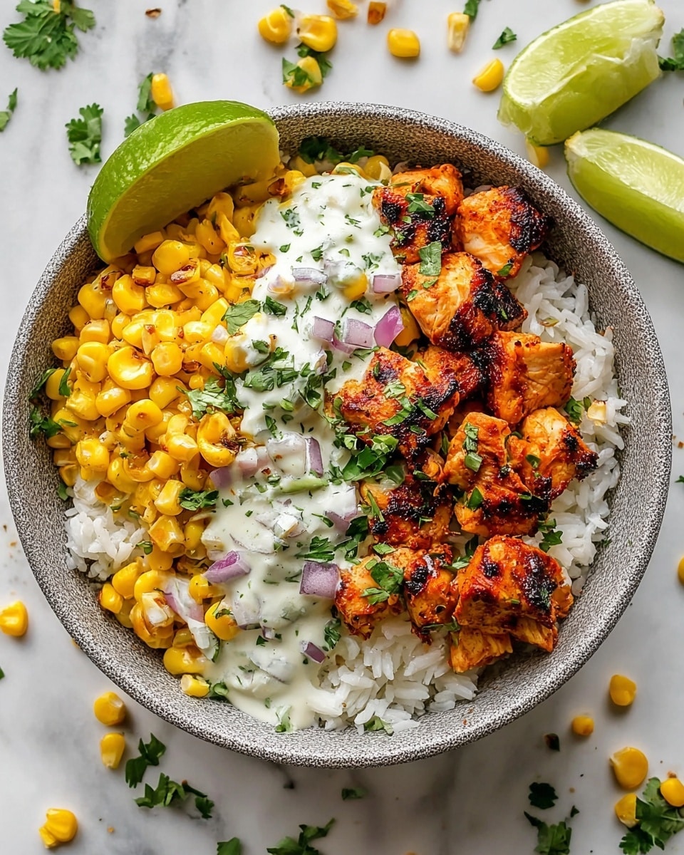 A bowl filled with layers of white rice at the bottom, topped with vibrant golden yellow corn on one side and charred pieces of grilled chicken with a reddish-brown color on the other side. There is a creamy white sauce with visible green herbs and small pieces of purple onion placed over the chicken and corn. Fresh green cilantro leaves sprinkle over the whole dish, adding a pop of color, and a wedge of lime sits on the edge of the bowl. The bowl is speckled gray and placed on a white marbled surface with scattered corn kernels and lime halves around it. photo taken with an iphone --ar 4:5 --v 7