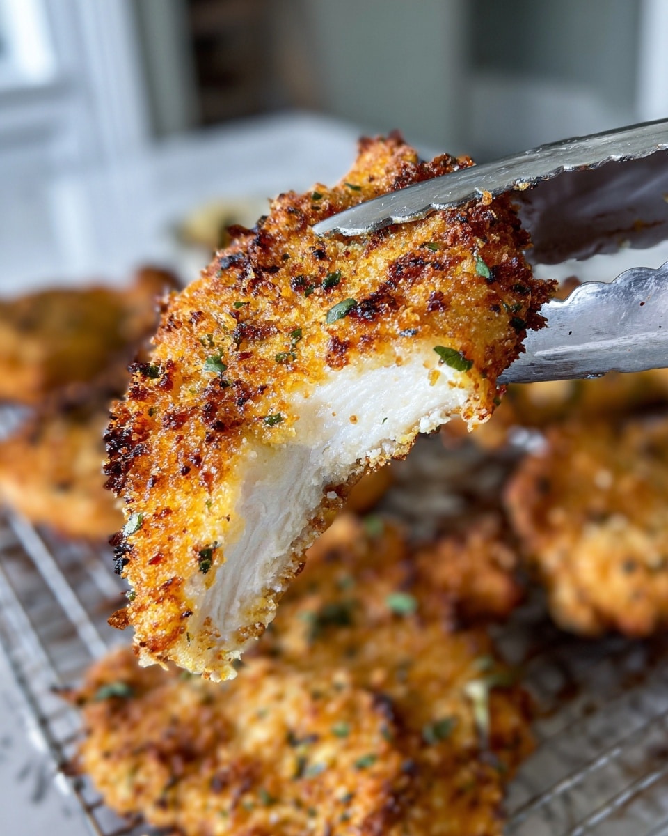 A close-up of a single crispy breaded chicken cutlet held by silver tongs, showing a crunchy golden-brown outer layer with browned spots and scattered green herb pieces baked into the crust, slightly oily in texture. The inside reveals tender, juicy white meat. In the background, multiple similar cutlets with the same golden crust lie on a cooling rack over a white marbled surface, with a softly blurred kitchen setting behind. photo taken with an iphone --ar 4:5 --v 7