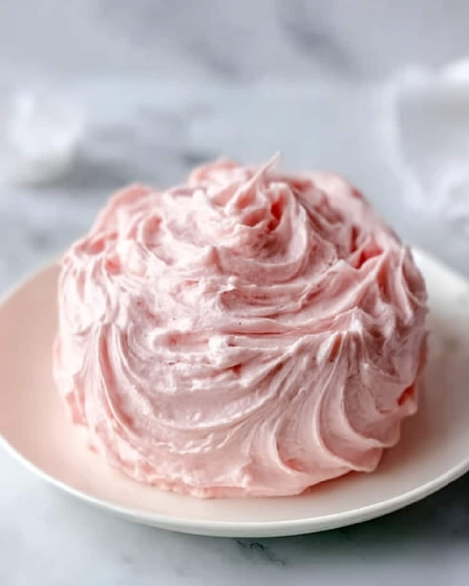 The image shows a small cake covered in a thick layer of light pink frosting with a creamy, whipped texture. The frosting is swirled on top in a soft peak and spreads smoothly around the sides with visible ridges and folds. The cake sits on a simple white plate, placed on a white marbled surface. Soft natural light highlights the smooth, airy look of the frosting and the delicate pastel color. Photo taken with an iphone --ar 4:5 --v 7