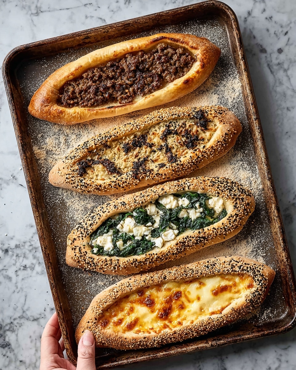 Four oval-shaped pide breads rest on a worn baking tray lined with a silicone mat dusted lightly with flour. The top pide has a golden-brown crust with a thick border and is filled with a dark brown mixture of minced meat and pine nuts, showing a coarse texture. The second pide below it features a lighter golden crust sprinkled with black sesame seeds, filled with sautéed spinach mixed with crumbled white cheese, giving a leafy green and creamy white contrast. The third pide is coated in sesame seeds on its thick crust and topped with melted white cheese that has browned slightly in spots, presenting a gooey texture. The bottom pide has a similar sesame seed crust and is covered with melted golden cheese that has browned evenly, hinting at a smooth, rich layer underneath. A woman's hand holds the corner of the tray, all placed on a white marbled surface. Photo taken with an iphone --ar 4:5 --v 7