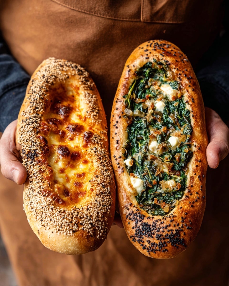 Two oval-shaped baked breads are held by a person's two hands against a brown apron background. The bread on the left is covered in golden sesame seeds with a middle layer of melted, bubbly, golden-brown cheese featuring slightly crispy edges. The bread on the right is topped with bright green cooked spinach mixed with small chunks of white cheese and finely chopped caramelized onions, sprinkled with black sesame seeds on the crust. Both breads have a golden-brown crust with a soft texture. photo taken with an iphone --ar 4:5 --v 7