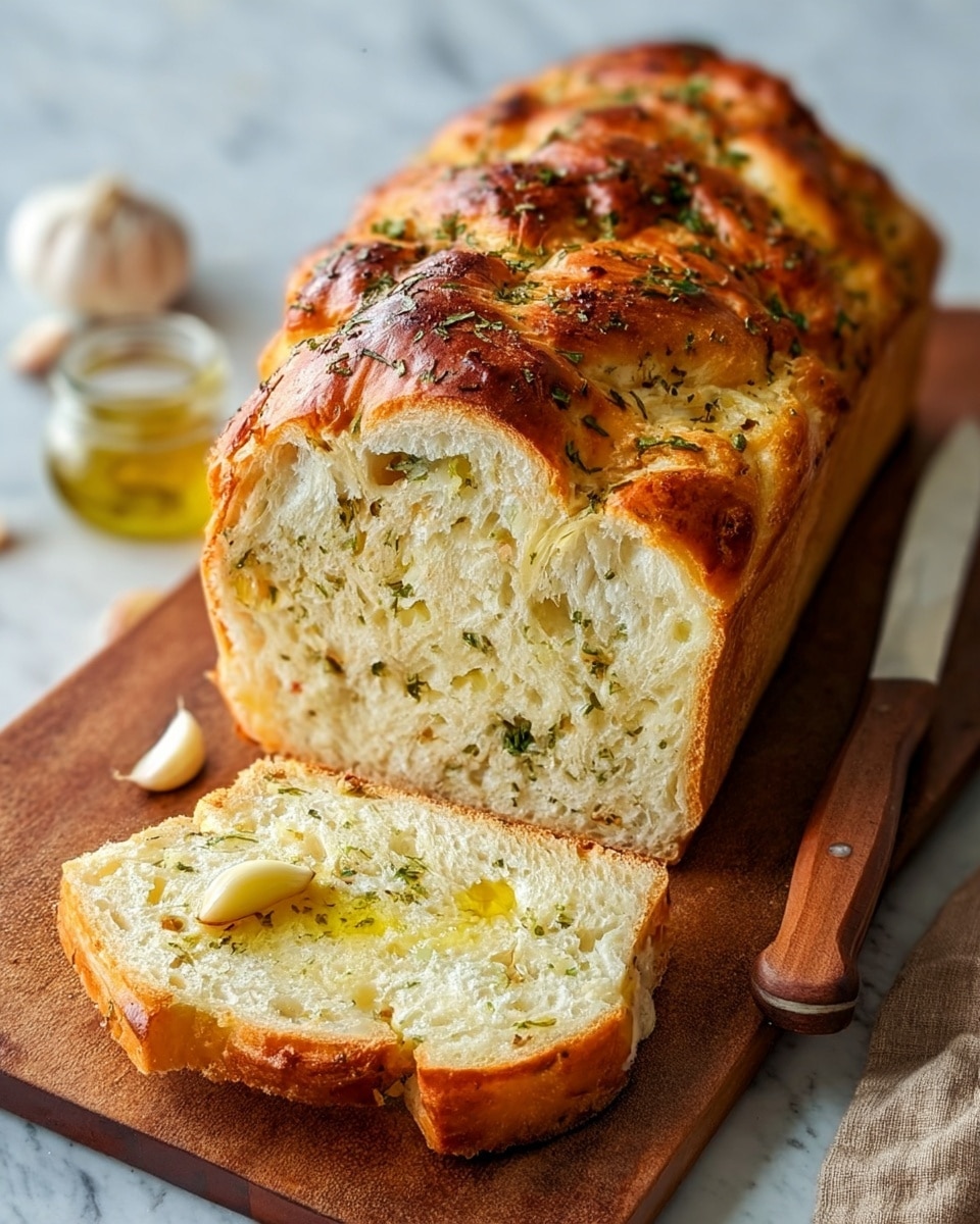 The image shows a loaf of bread with a golden brown crust sitting on a wooden board placed on a white marbled surface. The bread has a shiny, slightly bumpy crust with some herbs sprinkled on top. The inside is soft and light with small pieces of herbs and bits of garlic mixed throughout, showing a fluffy texture. One slice is cut and laid in front of the loaf, topped with a pool of olive oil, a whole clove of garlic, and sprinkled herbs. The knife with a wooden handle rests beside the board. Photo taken with an iphone --ar 4:5 --v 7