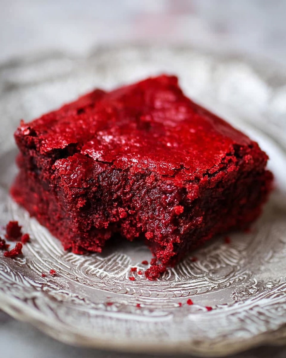 A close-up image of a single square piece of red velvet brownie with a bite taken from one side, showing its dense, moist, deep red interior. The top layer has a cracked, shiny red crust with a slightly rough texture. The brownie rests on a white plate with intricate embossed patterns, placed on a white marbled surface. Small crumbs are scattered around the brownie on the plate. photo taken with an iphone --ar 4:5 --v 7