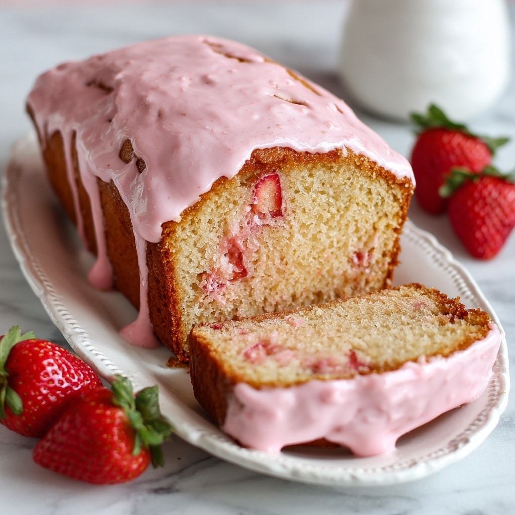 A loaf cake with a golden-brown crust and a soft, moist interior showing pieces of red strawberry mixed inside. The cake is covered with a thick layer of pink frosting that has visible strawberry bits, slightly dripping over the edges. A slice is cut and placed in front, fully coated with the same pink frosting. The cake sits on a white plate with a decorative edge, and fresh whole strawberries are arranged beside it. The scene is set on a white marbled texture photo taken with an iphone --ar 4:5 --v 7