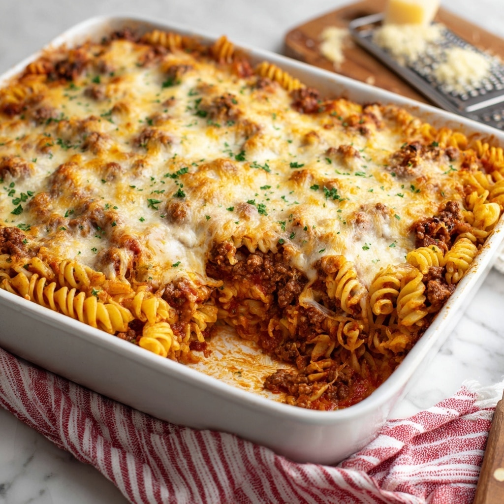 A white rectangular baking dish filled with a baked pasta casserole showing three visible layers: the bottom layer is a red tomato and meat sauce with visible chunks of browned ground beef; the middle layer consists of spiral pasta partially mixed with the sauce, having a slightly orange tint; the top layer is a melted light golden cheese sprinkled with small green parsley pieces for garnish. One corner of the casserole is scooped out, showing the layers and sauce texture. A white marbled surface is underneath the dish, with a red and white striped cloth partially around the dish, and a small wooden board with a metal cheese grater and grated cheese nearby. Photo taken with an iphone --ar 4:5 --v 7