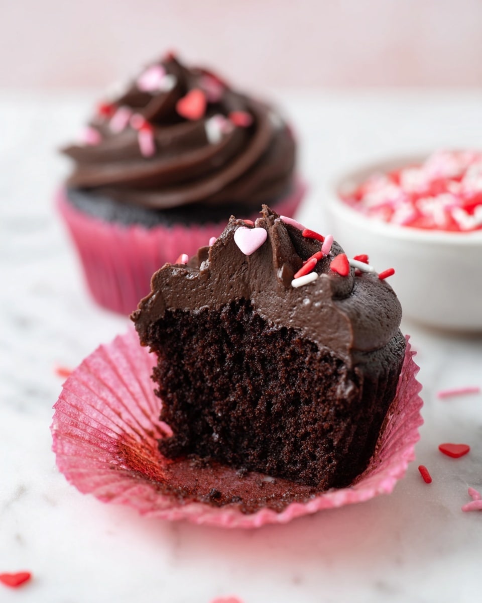 A close-up of one chocolate cupcake cut in half showing the dark, moist, and soft texture inside, sitting in a bright pink cupcake liner. The cupcake has a thick swirl of smooth, dark chocolate frosting on top, decorated with small red, white, and pink sprinkles, some on the frosting and some scattered around the base on a white marbled surface. In the background, there is another whole cupcake with the same frosting and sprinkles, slightly out of focus, alongside a white bowl filled with more red and pink sprinkles. photo taken with an iphone --ar 4:5 --v 7