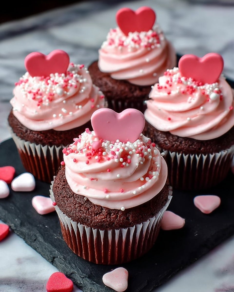 The image shows four chocolate cupcakes on a black slate board, each with two layers: a dark brown base and a thick swirl of light pink frosting on top. The frosting is decorated with small round and heart-shaped sprinkles in white, pink, and red, and each cupcake has a larger pink heart placed right on top. The cupcakes are arranged closely together, with some heart-shaped sprinkles scattered around the board on a white marbled surface. The photo taken with an iphone --ar 4:5 --v 7