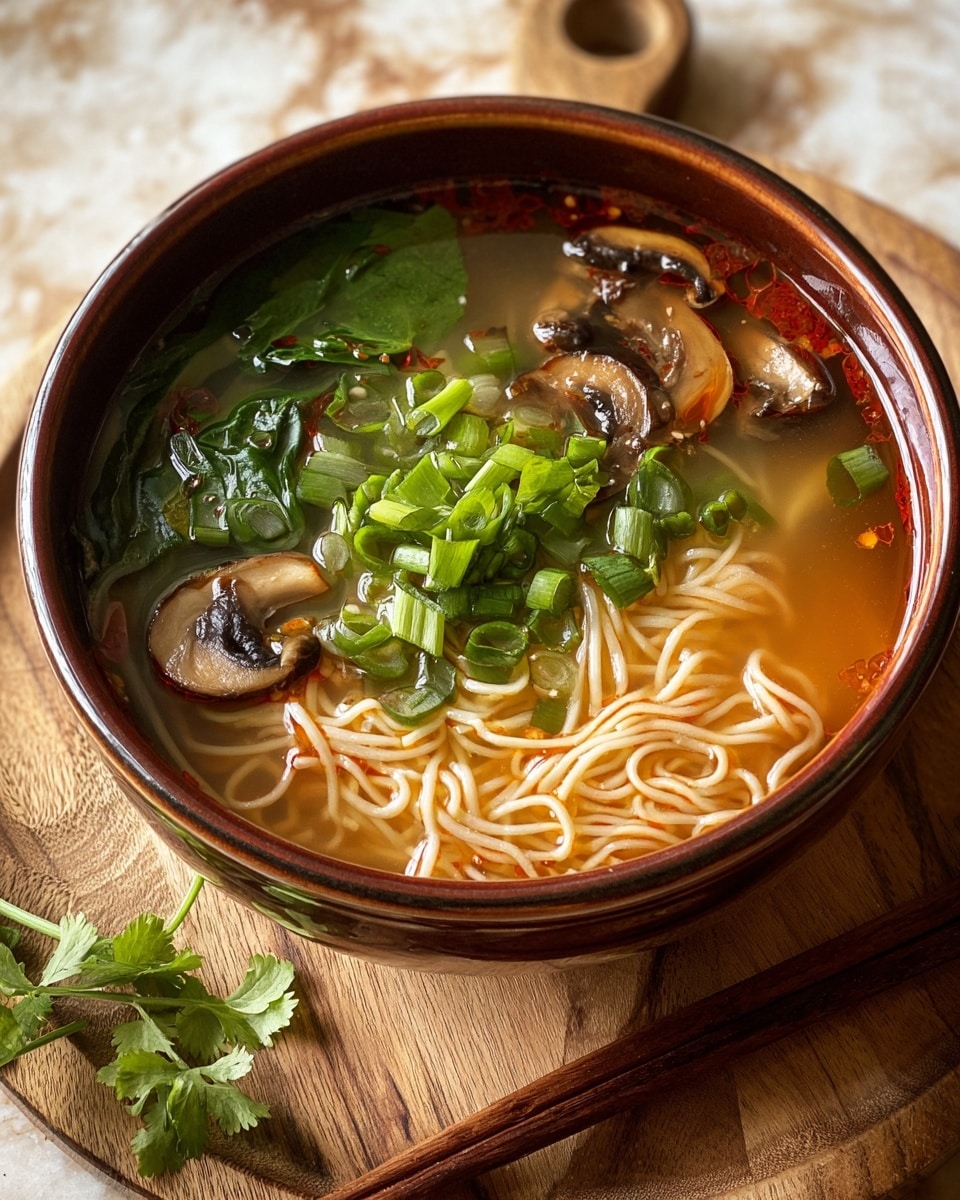 A deep brown bowl filled with warm clear broth, lightly tinted with a reddish oil layer on top, containing thin, light beige noodles that fill most of the bowl and float gently beneath the surface. Scattered on top are vibrant green chopped scallions and dark green leafy cilantro sprigs placed centrally. Around the greens, there are several slices of glossy, dark brown mushrooms partially submerged in the broth. The bowl sits on a round wooden board with a pair of brown chopsticks resting beside it on a white marbled surface. Photo taken with an iphone --ar 4:5 --v 7