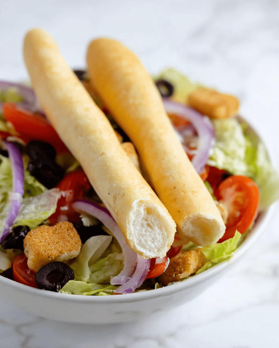 The image shows a white bowl filled with a colorful salad as the base layer, featuring green lettuce, sliced red tomatoes, black olives, purple onions, and crunchy golden-brown croutons scattered throughout. On top of the salad lay two pale yellow breadsticks with a soft texture; one of the breadsticks is broken at the end, showing a fluffy inside. The background is a white marbled surface, giving a clean and bright look. photo taken with an iphone --ar 4:5 --v 7