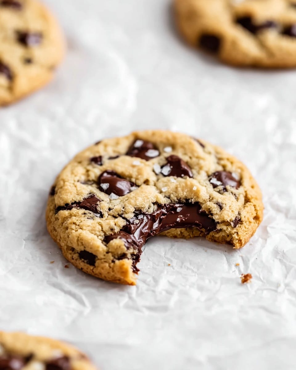 A close-up view of a single round chocolate chip cookie with a rough, crumbly light brown surface, dotted generously with dark brown, shiny chocolate chips, some slightly melted; this cookie has a bite taken out of its right side, revealing a soft, gooey, dark chocolate inside. Surrounding this main cookie are parts of several more cookies, all similar in texture and color, resting on a crinkled white paper over a white marbled surface. The focus is sharp on the bitten cookie and softly blurred on the others around it, highlighting the rich texture and warmth of the chocolate chips. photo taken with an iphone --ar 4:5 --v 7