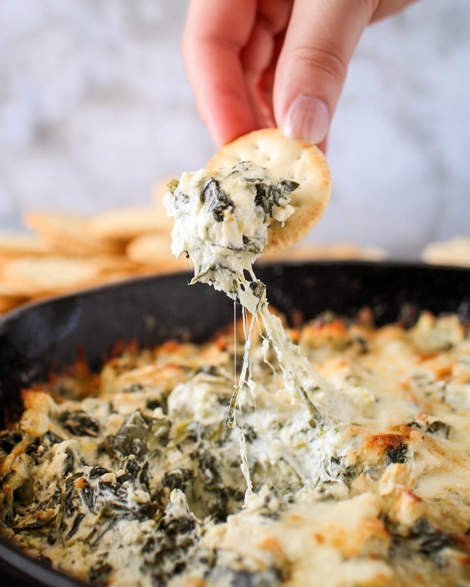 A round black cast iron pan filled with a baked spinach and artichoke dip that has a creamy, slightly browned top layer with visible dark green spinach leaves and light beige artichoke pieces mixed throughout. The dip appears thick and dense with a somewhat uneven surface texture, showing cooked cheese melted throughout. Around the pan, there are many triangular pita chips with a golden-brown toasted color. The scene is set on a white marbled texture with a striped white and black cloth partially visible under the pan. Photo taken with an iphone --ar 4:5 --v 7