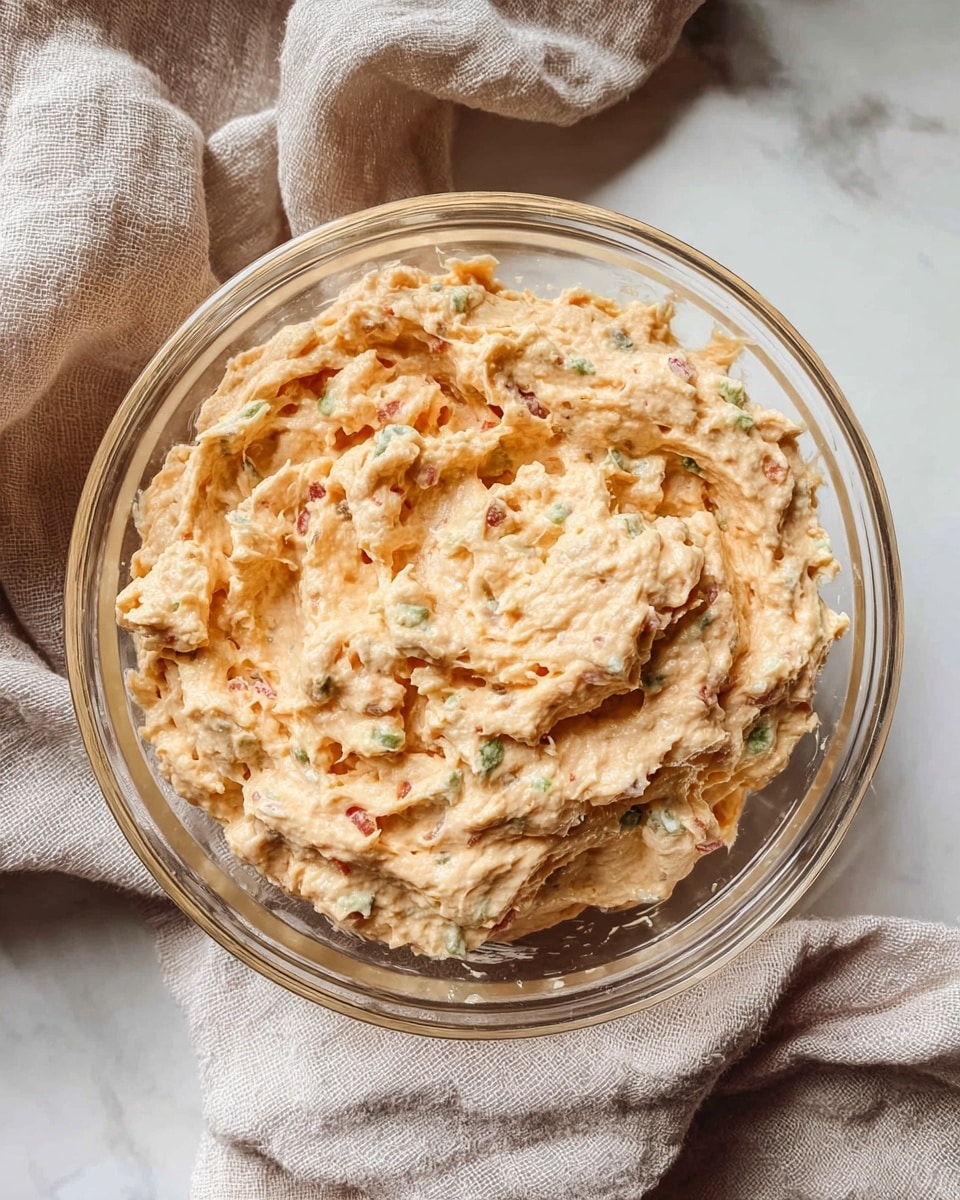 A clear glass bowl filled with creamy, light orange spread with visible small pieces of green, white, and red mixed in, giving it a textured and chunky look; the bowl sits on a white marbled surface with a soft beige cloth loosely placed around it. photo taken with an iphone --ar 4:5 --v 7