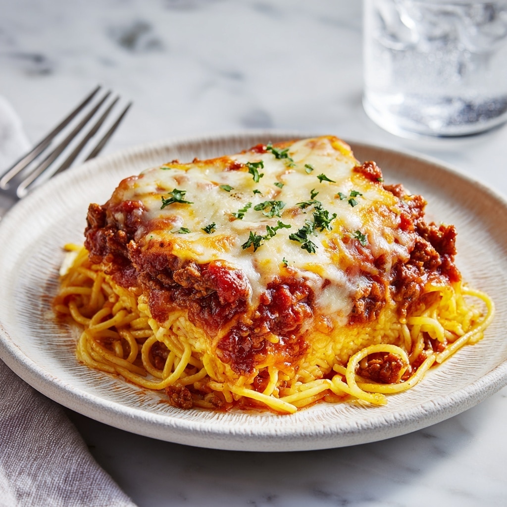 A white plate with a detailed edge design holds a serving of baked spaghetti topped with melted golden-brown cheese, scattered chopped green herbs, and red tomato sauce peeking through. The spaghetti noodles are light yellow and mixed throughout the dish, partially covered by the cheese layer. A woman's hand is holding a fork twisting some spaghetti from the edge of the plate. The plate is placed on a cream-colored cloth over a white marbled surface, with a glass of water partially visible on the side. Photo taken with an iphone --ar 4:5 --v 7