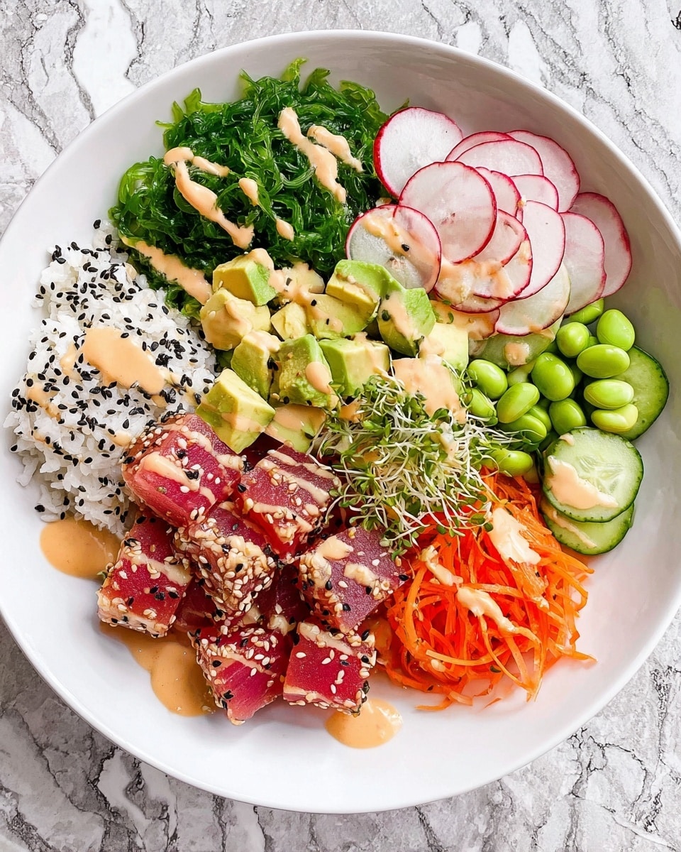 A white bowl filled with a vibrant poke bowl featuring layers arranged in sections: bright green cubed avocado on the top left, next to sesame-crusted seared tuna cubes that show a pink center, beside a fluffy mound of white rice sprinkled with sesame seeds on the top right. Below the rice are thinly sliced radish rounds and shredded orange carrots, while the bottom right features fresh green edamame beans and cucumber slices. On the bottom left is a heap of dark green seaweed salad, and in the center, fresh green sprouts lay across the ingredients. The entire bowl is drizzled with a creamy light orange sauce. The bowl sits on a white marbled surface. photo taken with an iphone --ar 4:5 --v 7