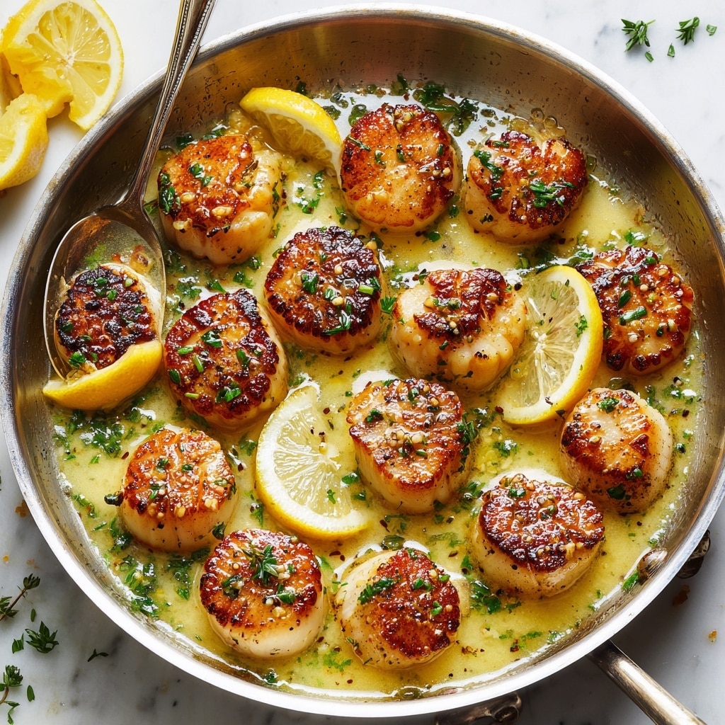The image shows a shiny silver pan filled with about fourteen golden-brown seared scallops, arranged in a loose circular pattern. Each scallop has a crispy, caramelized top with light brown grill marks and is scattered with finely chopped green herbs. Thin lemon slices, both whole circles and wedges, are placed among the scallops, partially submerged in a glistening light yellow buttery sauce. Small specks of black pepper and herbs float in the sauce, adding texture and color contrast. In the pan's top left, a silver spoon rests slightly dipped in the sauce. The background features a white marbled texture with scattered bits of green herbs and a lemon wedge outside the pan. Photo taken with an iphone --ar 4:5 --v 7
