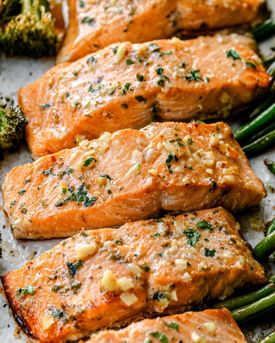 Four cooked salmon fillets are arranged in a close-up view, each piece showing a light orange, slightly shiny surface with small bits of green herbs and black pepper sprinkled on top. The salmon has a flaky texture, with the edges slightly browned. Beneath the fillets, green beans are visible, providing a dark green base layer with hints of char. The background is a white marbled texture, making the colors of the salmon and green beans stand out. photo taken with an iphone --ar 4:5 --v 7