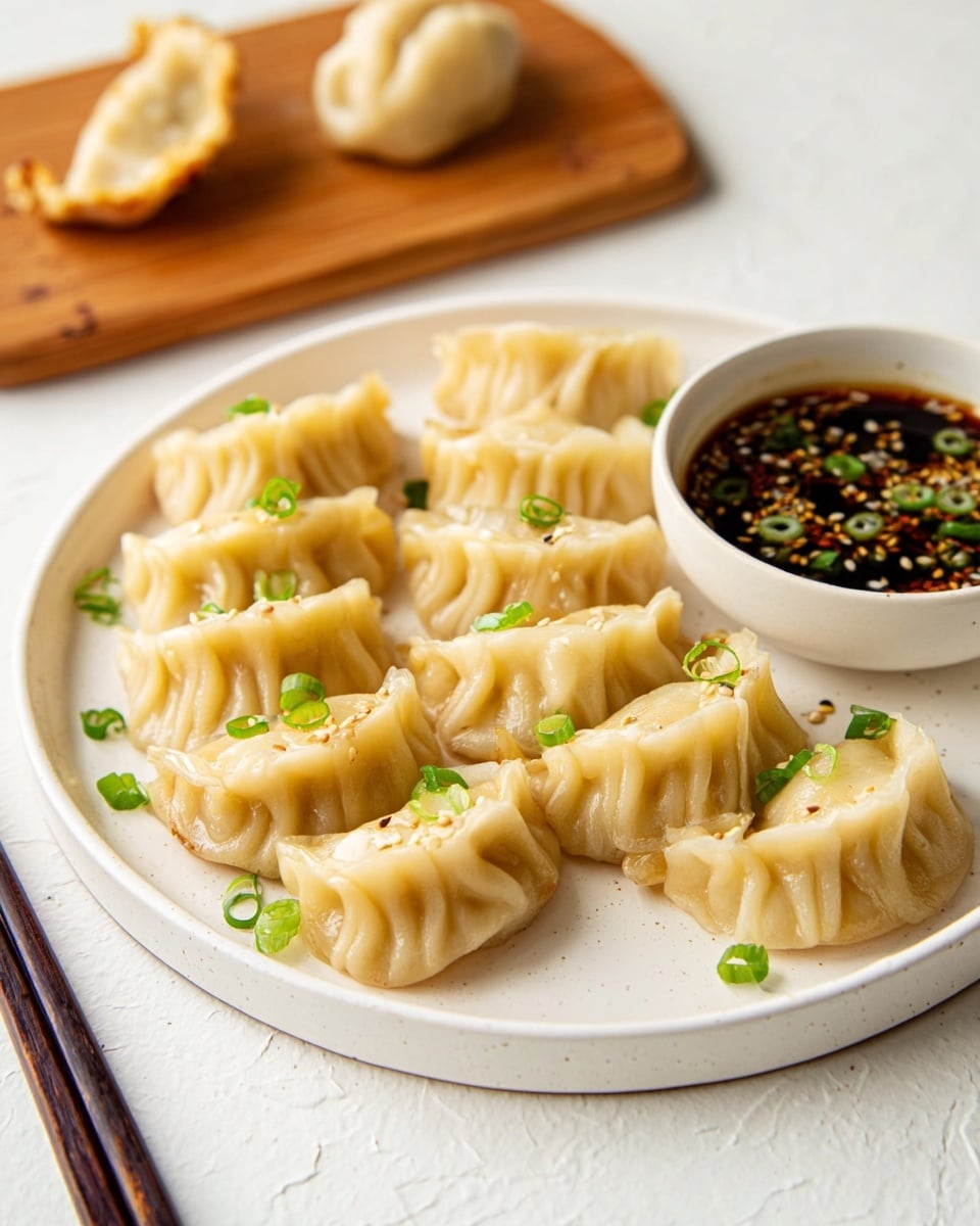 A white round plate is filled with two rows of seven golden-brown steamed dumplings, each dumpling showing soft, folded pleats and a slightly shiny, smooth surface. Scattered green onion slices are sprinkled on top of the dumplings, adding a fresh green touch. At the back right of the plate sits a small white bowl filled with dark soy-based dipping sauce, visible sesame seeds, and chopped green onions floating on top. In the background, a wooden board holds two more dumplings, and a pair of black chopsticks rests to the left of the plate. Everything is placed on a white marbled textured surface. photo taken with an iphone --ar 4:5 --v 7