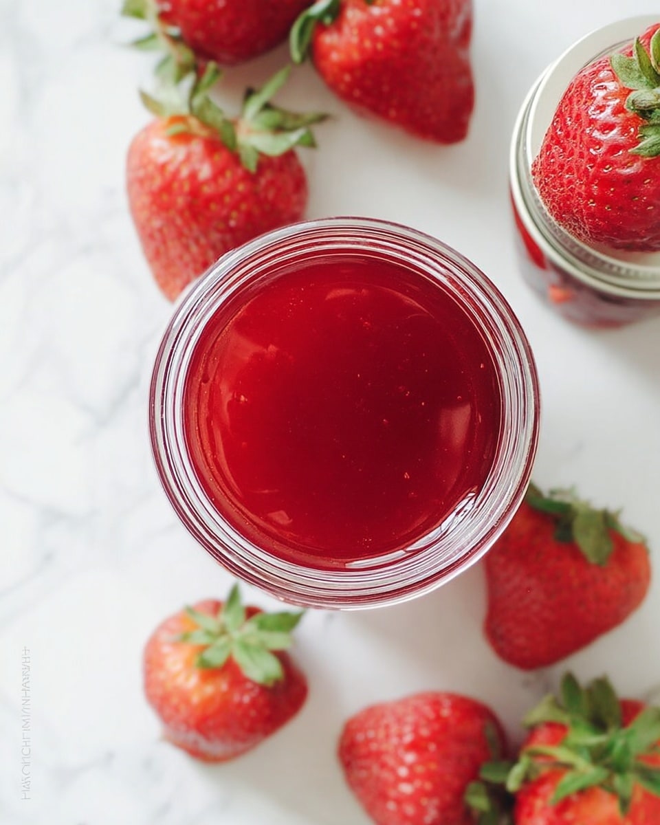 A clear glass jar with a diamond pattern is filled to the top with bright red strawberry jelly, showing a smooth, shiny surface. Three fresh, plump strawberries with green leaves are placed at the base of the jar in the foreground, while more strawberries and a second jar filled with the same jelly are softly blurred in the background. The jars rest on a white marbled surface, giving a clean and fresh look. The colors are vibrant, highlighting the rich red tones of the jelly and strawberries. Photo taken with an iphone --ar 4:5 --v 7