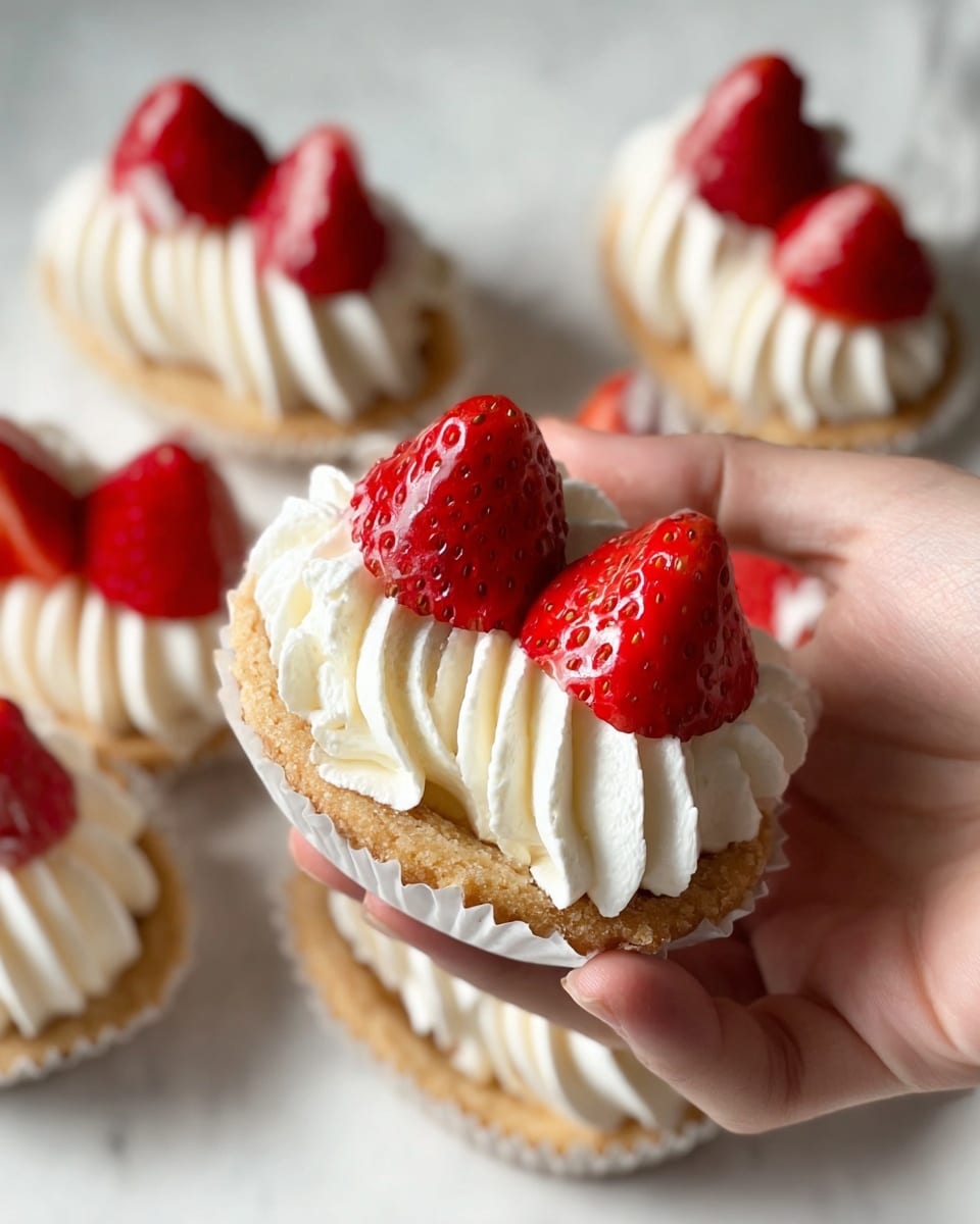A close-up shows a woman's hand holding a mini tart with three layers: the bottom layer is a white paper cup, the middle layer is a light brown soft cake with a slightly uneven texture, and the top layer is thick white whipped cream swirled in soft peaks across the cake. On top of the cream, two shiny red strawberry halves are placed at each end, with seeds visible and a fresh look. More of these tarts are arranged on a white marbled surface below. Photo taken with an iphone --ar 4:5 --v 7