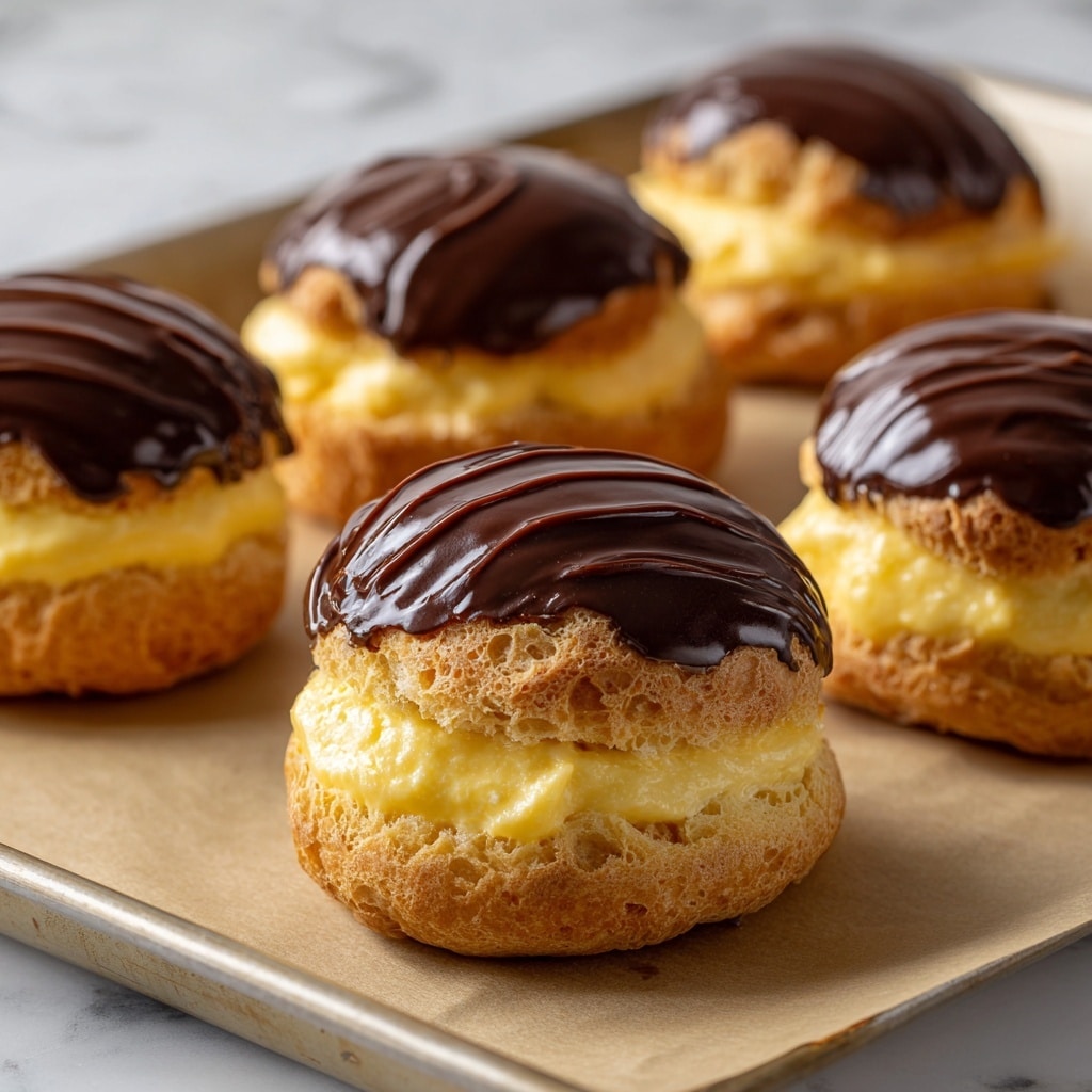 A woman's hand is holding a round pastry broken in half, showing two main layers: the outer golden-brown bread layer with a soft, airy texture, and a thick, glossy yellow custard filling inside, which looks smooth and creamy. The top of the pastry is coated with a dark chocolate layer that is shiny and slightly textured. In the background, more whole pastries with the same chocolate tops rest on a white marbled surface. photo taken with an iphone --ar 4:5 --v 7