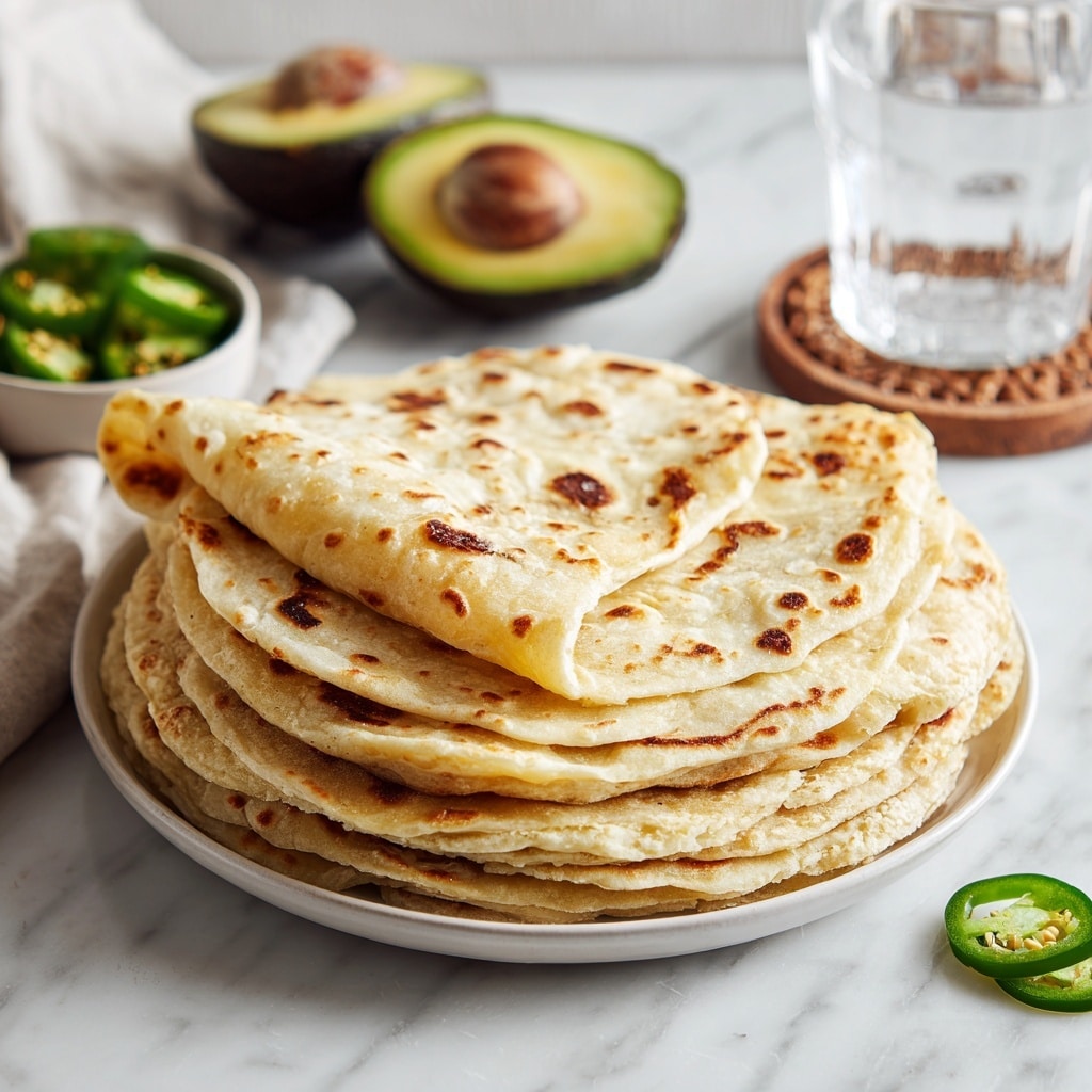 A stack of several light golden brown flatbreads with darker brown spots from cooking sits in the center of a white plate, with the top flatbread folded slightly to show the texture inside. The flatbreads have a soft, slightly uneven surface and are layered neatly in a pile. In the background, there are two halves of a ripe avocado with green flesh and a brown seed, some dark green jalapeños, and a clear glass of water on a round coaster, all set on a white marbled surface. A couple of sliced jalapeño pieces are placed in front of the plate. photo taken with an iphone --ar 4:5 --v 7