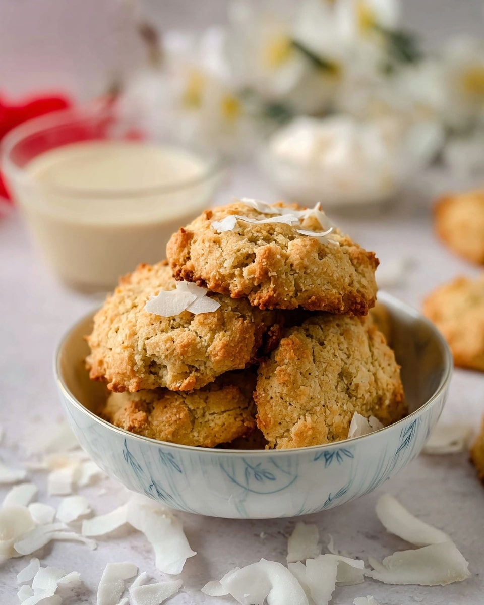 A stack of golden brown cookies with a rough, crumbly texture is placed in a white bowl lined with white parchment paper. The top cookie is broken in half, showing a light yellow, soft interior with chunks of white chocolate or nuts inside. White coconut flakes are sprinkled around the cookies, adding texture and contrast. In the blurred background, there is a clear glass filled with a creamy light yellow drink and another glass holding coconut flakes. The entire setting is on a white marbled surface. photo taken with an iphone --ar 4:5 --v 7