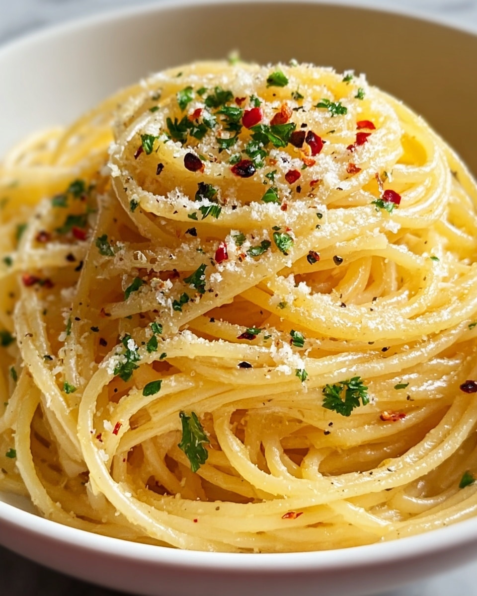 A close-up view of a plate of spaghetti showing thin, yellow noodles coated in a glossy, light oil sauce. The pasta is sprinkled evenly with small pieces of green parsley, tiny red chili flakes, white grated cheese, and ground black pepper, creating a textured and colorful topping. The spaghetti strands are gently curled and layered, filling the white plate against a white marbled surface. Photo taken with an iphone --ar 4:5 --v 7