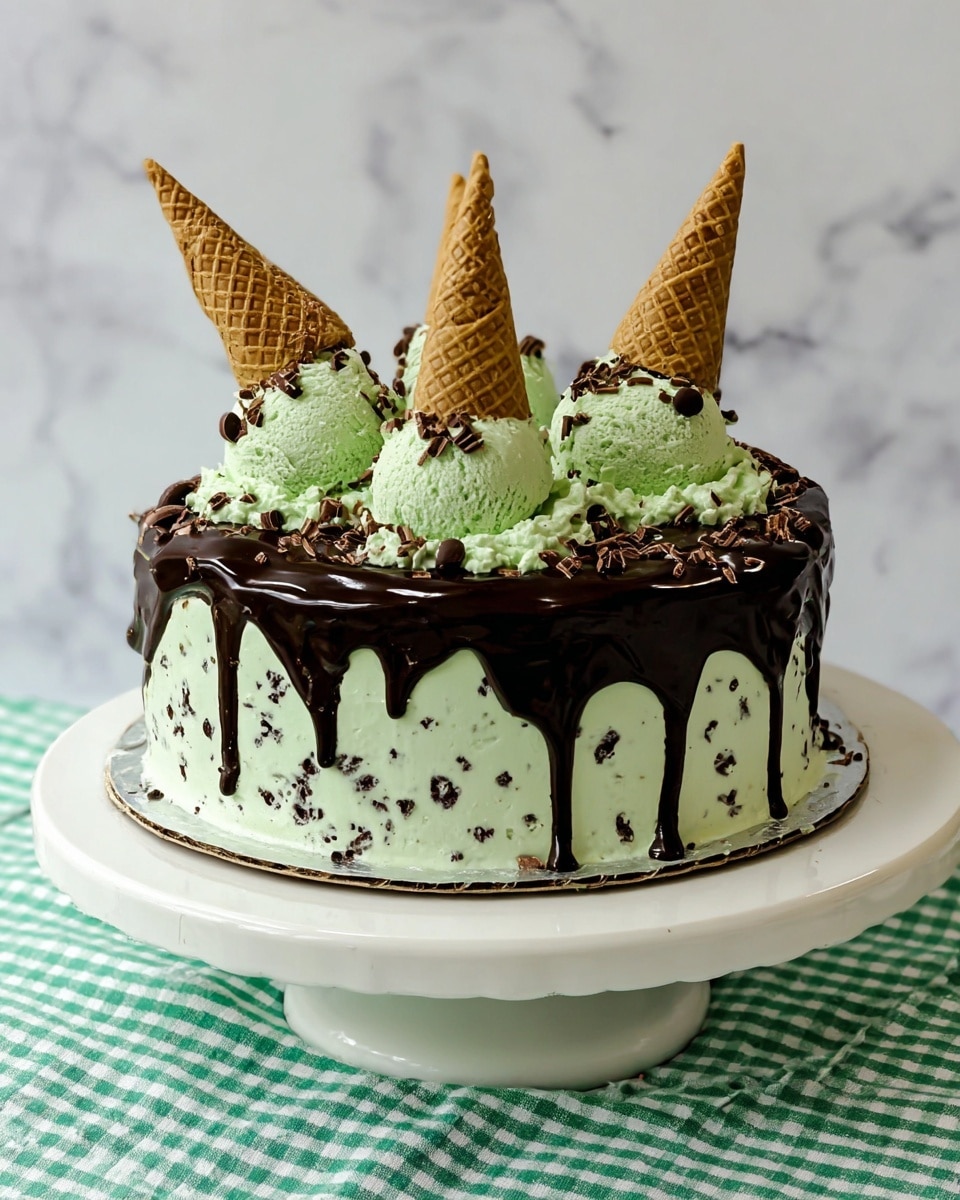 The image shows a slice of layered cake placed on a white plate over a green and white checkered cloth on a white marbled surface. The cake has two thick dark brown chocolate sponge layers separated by a thick light green mint cream layer with chocolate bits. On top of the cake is a smooth dark chocolate ganache layer, scattered with small chocolate pieces. A scoop of light green mint ice cream with chocolate bits sits on top of the cake slice, crowned with a single upright light brown waffle cone. In the background, the full cake with similar layers and decorations can be seen, along with a stack of plain white plates. Photo taken with an iphone --ar 4:5 --v 7
