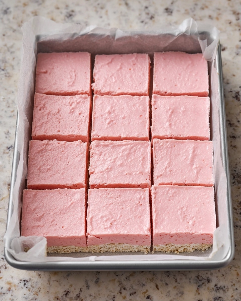 A square metal tray lined with white parchment paper holds a single layer of sixteen evenly cut pink fudge squares arranged in a 4x4 grid. Each fudge piece has a smooth, slightly grainy texture with soft edges and a consistent pale pink color. The tray is placed on a white marbled surface with subtle grey and beige veins. Photo taken with an iphone --ar 4:5 --v 7