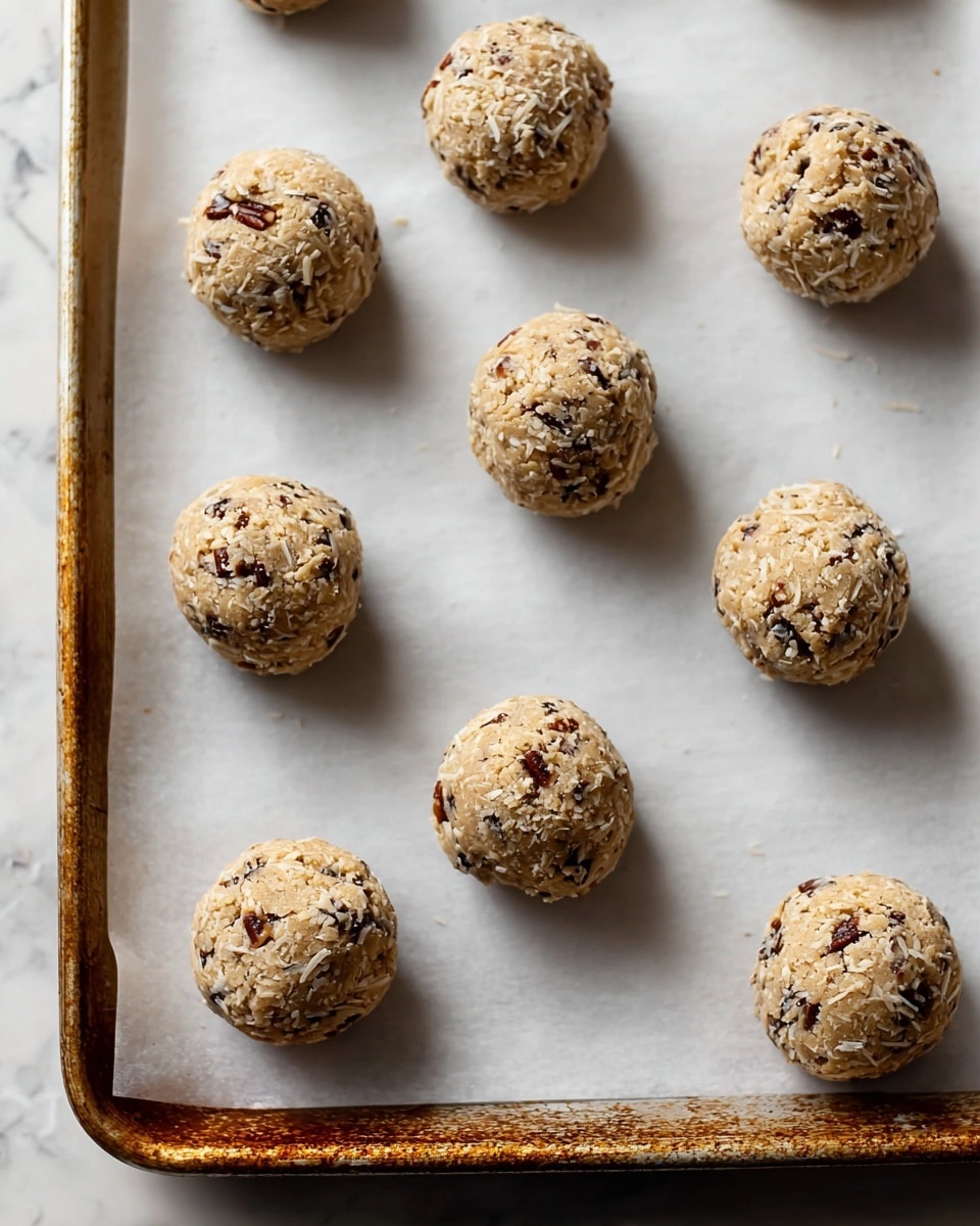 The image shows nine round cookie dough balls placed on a sheet of white parchment paper that lines a baking tray. Each ball has a rough texture with visible pieces of chopped pecans and shredded coconut mixed throughout the dough, giving them a light beige color with dark brown chunks. The balls are evenly spaced out in a loose grid pattern, allowing room for spreading. The baking tray edge seen in the bottom corner is slightly worn with a rusty brown color. The background beneath the tray has a white marbled texture. photo taken with an iphone --ar 4:5 --v 7