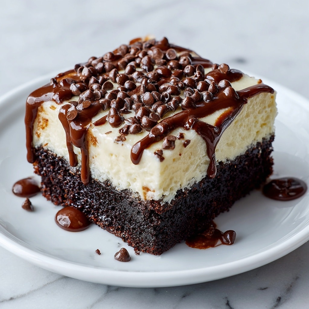 A single square piece of cake with two visible layers sits on a white plate. The bottom layer is dark, moist chocolate cake with a soft and slightly crumbly texture. The top layer is a thick, smooth cream-colored frosting, evenly spread. On top, glossy chocolate sauce drips down the sides in thick ribbons, and a handful of small, glossy chocolate chips are scattered, adding texture and depth. The background has a white marbled texture, making the dessert stand out clearly. photo taken with an iphone --ar 4:5 --v 7