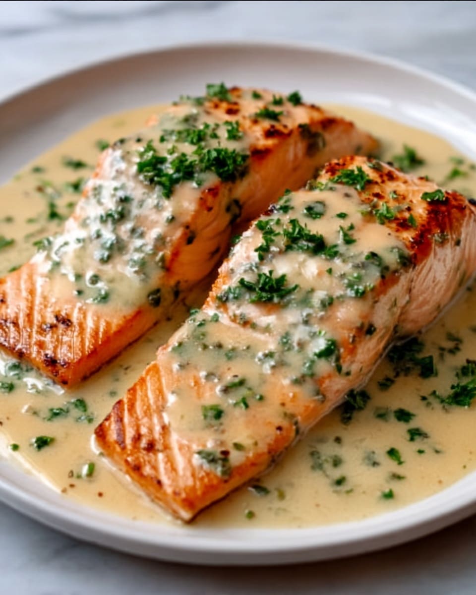 Two pieces of cooked salmon fillets rest side by side on a white round plate, each fillet showing bright orange-pink color with light grill marks. The salmon is covered with a thick, creamy beige sauce with green herbs mixed in, spreading over the fillets and pooling slightly on the plate. Small bits of chopped green parsley are sprinkled on top, adding texture and color contrast. The plate sits on a white marbled surface in soft, natural light. photo taken with an iphone --ar 4:5 --v 7