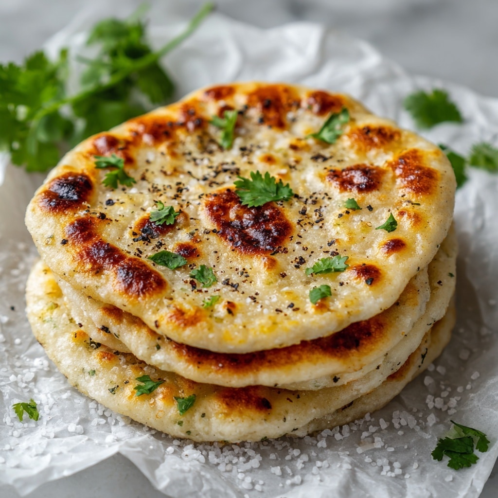 The image shows a stack of three round flatbreads with a light golden-brown crust and slightly charred spots. Each flatbread has a soft, uneven texture with sprinkled black pepper and small green cilantro leaves scattered on the top layer. The flatbreads rest on crumpled parchment paper placed on a white marbled surface with some coarse salt crystals nearby. In the background, a fresh cilantro sprig adds a bright green touch. Photo taken with an iphone --ar 4:5 --v 7