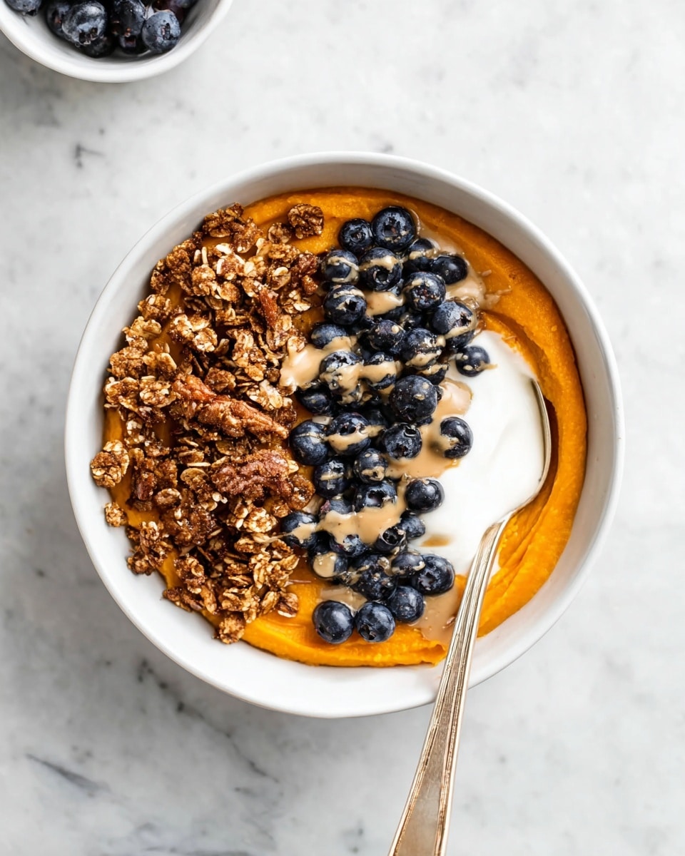 A white bowl on a white marbled surface filled with three main layers: an orange smooth base that looks like sweet potato mash, topped on one side with a cluster of granola that is brown and crunchy, on the next side with a neat pile of fresh dark blue blueberries, and in the center a dollop of white creamy yogurt. All layers are drizzled lightly and evenly with a light brown nut butter sauce. A spoon with a silver head and light gold handle rests on the right side of the bowl, touching the mash. Photo taken with an iphone --ar 4:5 --v 7