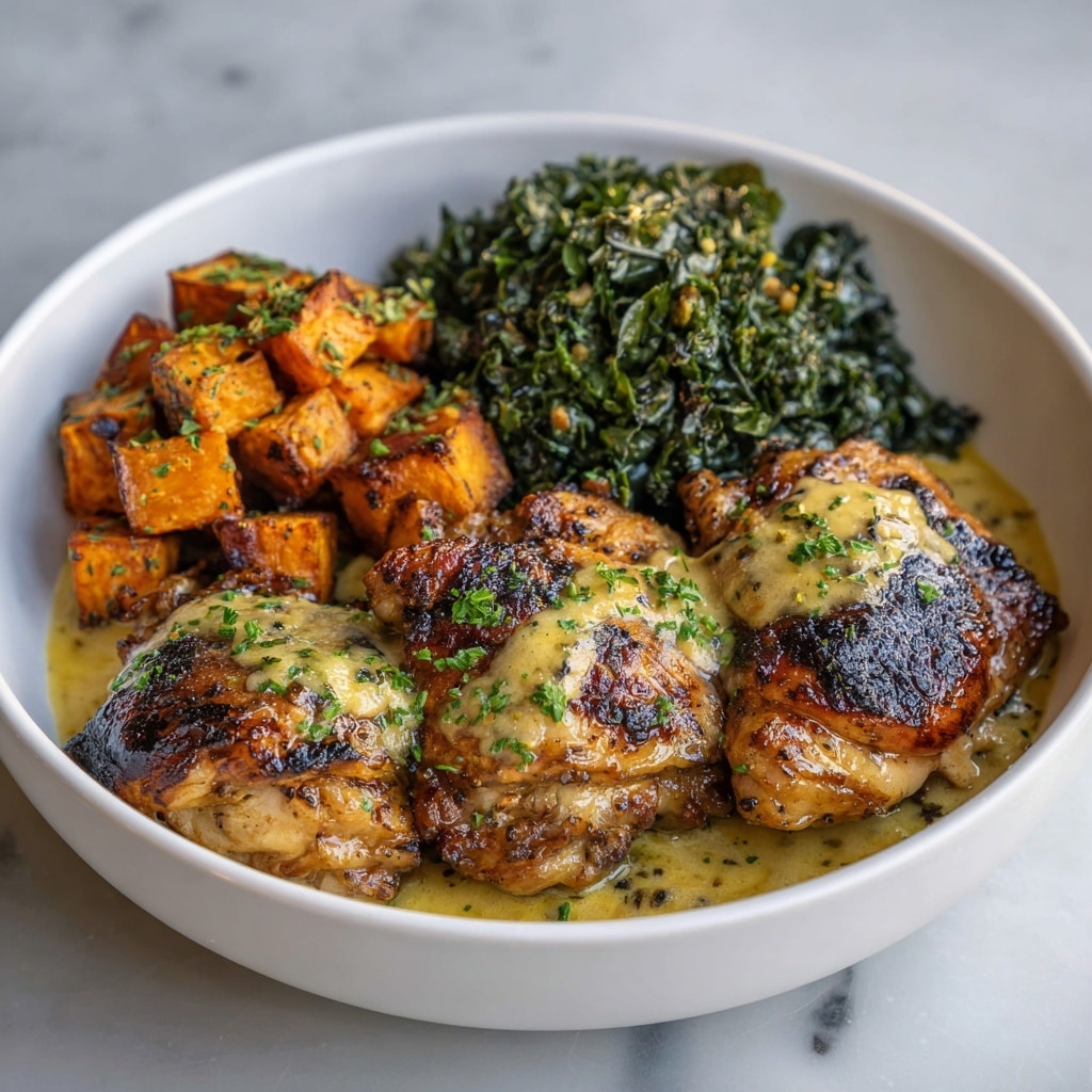 A white bowl holds a meal with three main layers: on the right side, four pieces of grilled chicken thighs with brown, crispy skin covered in a smooth, light yellow sauce and sprinkled with chopped green herbs; behind the chicken, there is a mound of finely chopped dark green kale; on the left side, there are golden-brown roasted sweet potato cubes with slightly charred edges and a sprinkling of green herbs. All sits on a white marbled surface. Photo taken with an iphone --ar 4:5 --v 7