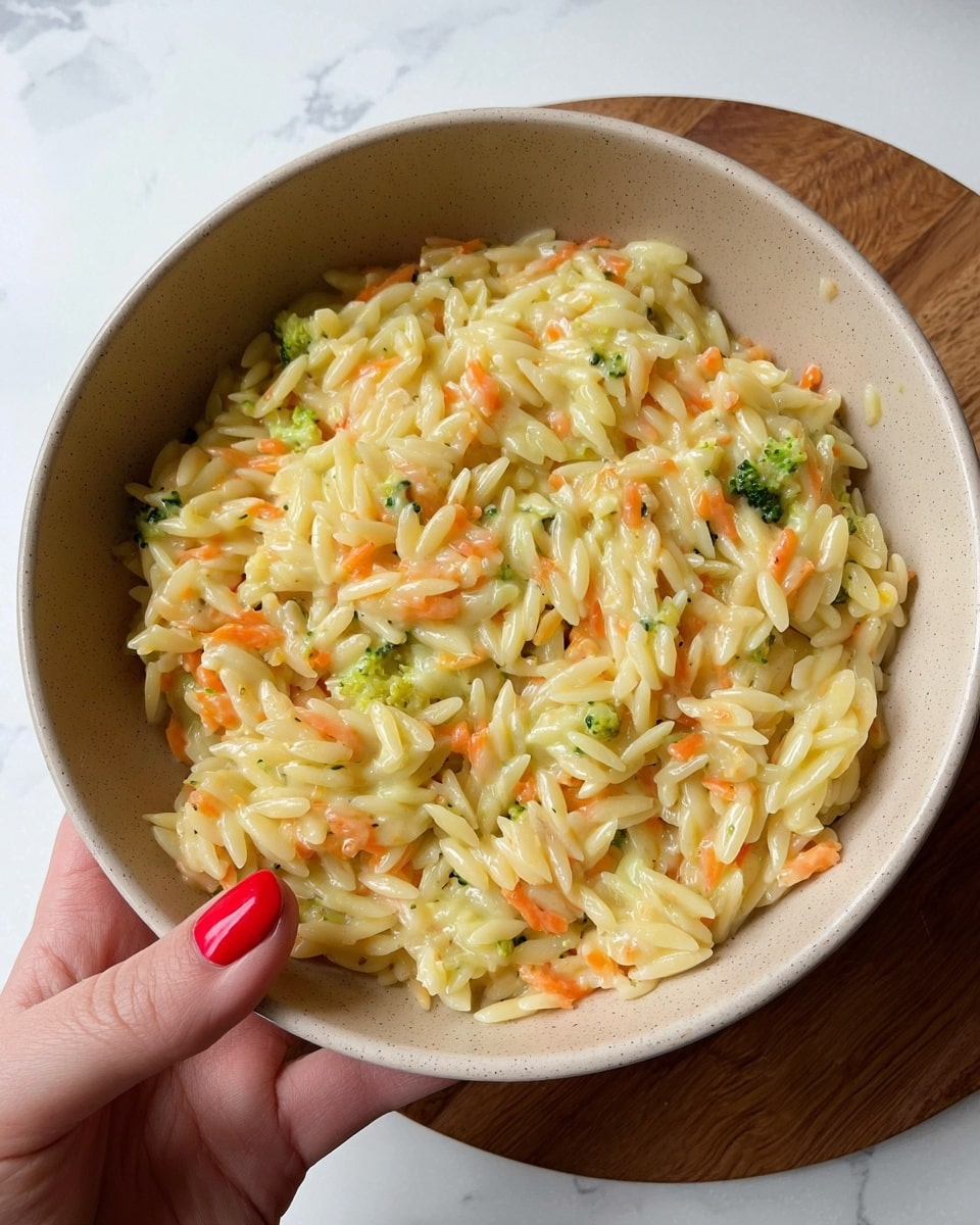 A beige bowl filled with creamy orzo pasta mixed with small pieces of orange carrot and tiny green broccoli bits, all coated in a smooth, light-colored sauce, held by a woman's hand with red nail polish, placed above a round wooden board on a white marbled surface. photo taken with an iphone --ar 4:5 --v 7