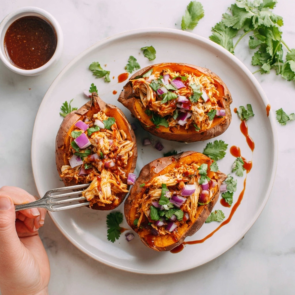 A baked sweet potato with its brown skin split open reveals bright orange, soft flesh inside, topped with a layer of thick reddish-brown barbecue sauce and shredded pieces of cooked meat. Above the meat, there is a chunky corn salad mixed with small green herb leaves and white crumbly cheese, adding a fresh texture and color contrast. On top, a pile of thin, bright pink pickled onion slices adds a pop of color. The potato sits on a white plate with some scattered corn kernels and herbs around it, all placed on a white marbled surface. Photo taken with an iphone --ar 4:5 --v 7