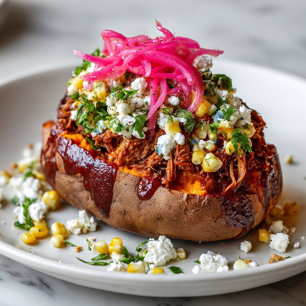 Three baked sweet potatoes are placed on a round white plate on a white marbled surface. Each sweet potato is sliced open and filled with shredded chicken mixed with a red-brown sauce, topped with small pieces of purple-red onion and chopped green cilantro. There is extra sauce drizzled on the filling and some scattered around on the plate. To the side, a small round white bowl holds more red-brown sauce. Fresh green cilantro leaves are placed around the plate. A woman's hand is holding a fork, taking a bite from one stuffed sweet potato. Photo taken with an iphone --ar 4:5 --v 7
