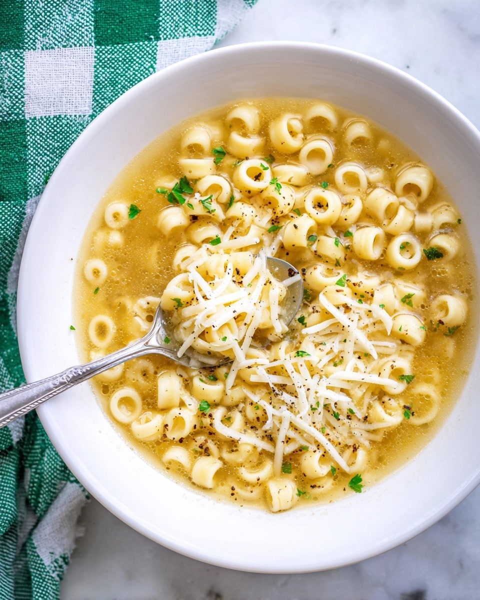 A white bowl filled with a light yellow broth containing small ring-shaped pasta pieces, showing a smooth, slightly shiny texture. On top, there is a layer of grated white cheese and chopped green herbs scattered in the center. A silver spoon scoops up some pasta from the broth, highlighting the soft, round pasta pieces. The bowl rests on a white marbled surface. photo taken with an iphone --ar 4:5 --v 7