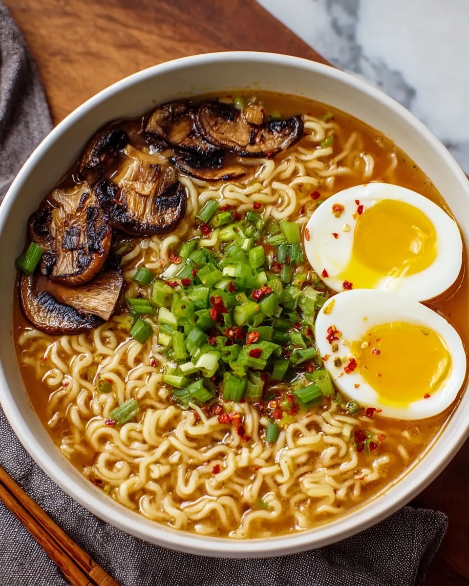 A large white bowl filled with four main layers: at the bottom, light yellow curly ramen noodles soaked in a rich, dark orange broth; on the left side, several dark brown, grilled mushroom slices resting on the noodles; on the right side, two halves of a soft-boiled egg with shiny, bright orange yolks and white edges; the top center is covered with chopped fresh green onions sprinkled with tiny red chili flakes and white sesame seeds, adding texture and color contrast. The bowl sits on a white marbled surface, with wooden chopsticks and a gray cloth napkin placed near it. Photo taken with an iphone --ar 4:5 --v 7